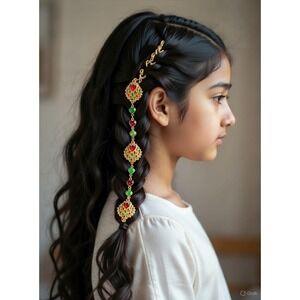 Vintage Christmas Hair Braid Jewelry Red Green Enamel Hearts‎ Chain Accessory